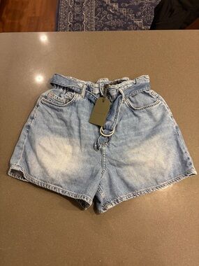 All Saints Light Wash Denim Paperbag Waist Shorts / W28